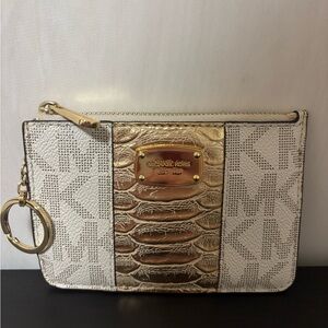 Michael Kors Jet Set Logo Card Case w/ Zip Pouch Gold Snakeskin Key Ring